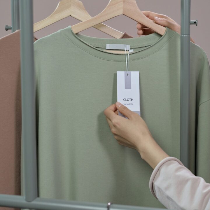 Hang tag on a green t-shirt
